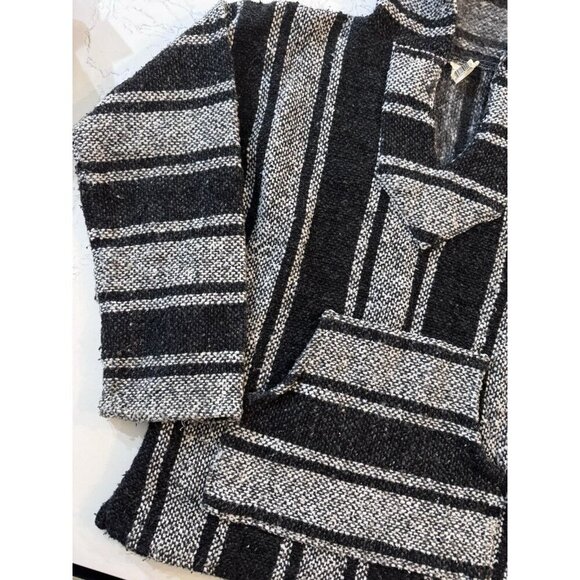 Mexican Poncho Small Baja Woven Blanket Jacket Hippie Pullover Black White - Picture 3 of 12